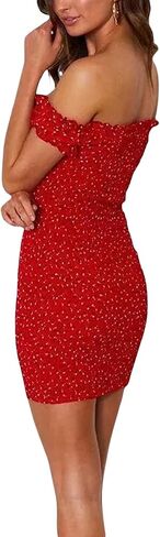 Women Floral Mini Dress Ruffle Short Sleeve Tie Front Bodycon Dress Sexy Wrap Pencil Dress for Party Club(Red,S),Small in Kuwait