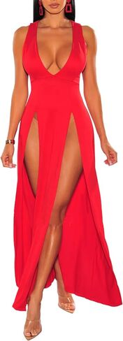 Sexyshine Women's Sexy Deep V Neck Double High Split Side Maxi Dress Sleeveless Long Bodycon Cocktail Evening Dress in Kuwait