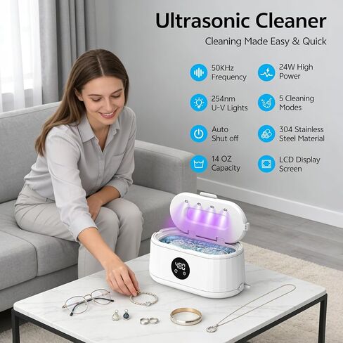 Ultrasonic Jewelry Cleaner, 50kHz Ultrasonic Cleaner Machine for Jewelry, Eyeglasses, Rings, Watch Straps, Toothbrush Heads, Dentures, Retainers, 5 Timers Cleaning Mode, 420ml 304 Stainless Steel Tank in Saudi Arabia