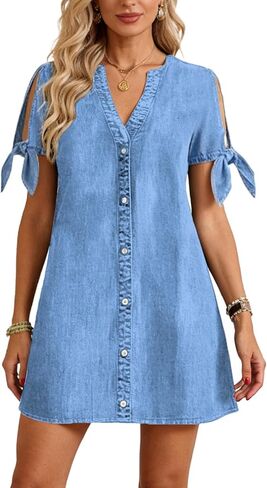 Denim Dress for Women 2026 Summer Casual Cowgirl Blue Jean Dress Tied Sleeves Button Down Shirt Dresses with Pockets in Saudi Arabia