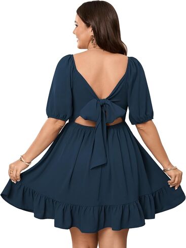 SHESTARR Women's Plus Size Summer Dress Square Neck Tie Back Short Sleeve Ruffle A Line Mini Casual Dresses Sundress in Saudi Arabia