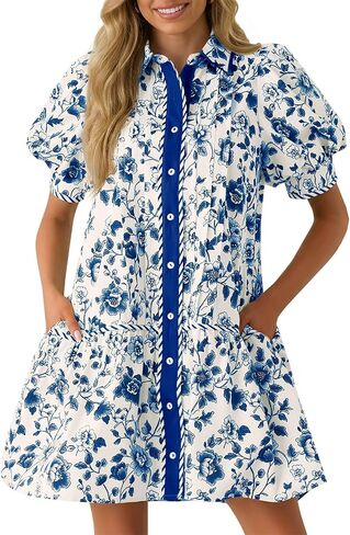 Wenrine Womens Mini Dress Summer Casual Short Puff Sleeve Floral Collared V Neck Loose Button Down Shirt Dress with Pockets Blue in Kuwait