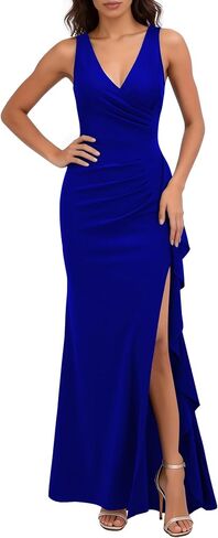 WOOSEA Women's Deep V Neck Sexy Ruffle Split Style Evening Formal Party Maxi Dress in Kuwait