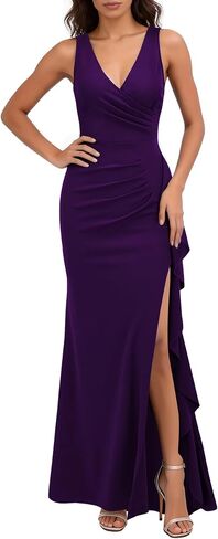 WOOSEA Women's Deep V Neck Sexy Ruffle Split Style Evening Formal Party Maxi Dress in Saudi Arabia