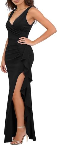 WOOSEA Women's Deep V Neck Sexy Ruffle Split Style Evening Formal Party Maxi Dress in Saudi Arabia