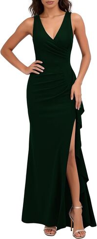 WOOSEA Women's Deep V Neck Sexy Ruffle Split Style Evening Formal Party Maxi Dress in Saudi Arabia