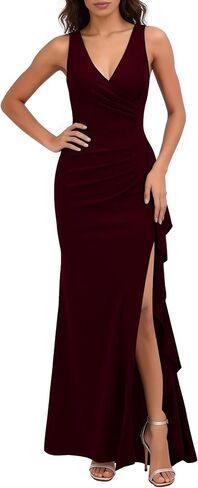 WOOSEA Women's Deep V Neck Sexy Ruffle Split Style Evening Formal Party Maxi Dress in Saudi Arabia