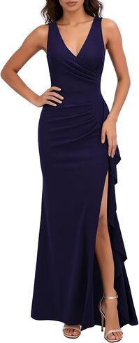 WOOSEA Women's Deep V Neck Sexy Ruffle Split Style Evening Formal Party Maxi Dress in Saudi Arabia
