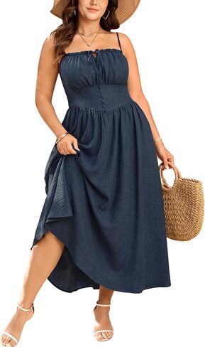 SHESTARR Plus Size Summer Dress Spaghetti Strap Sleeveless Boho Casual Sundress Beach Denim Dresses with Pockets in Saudi Arabia