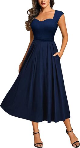 Miusol Women's Retro Square Neck Pleated A-line with Pockets Casual Party Swing Dress in Saudi Arabia