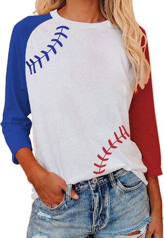 3/4 Sleeve Baseball Shirts for Women Crewneck Blouse Casual Raglan Sleeve Tops Blue Red White in Saudi Arabia