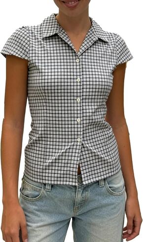 Womens Y2k Collared Button Down Shirts Plaid/Striped/Solid Cap Sleeve Slim Fit Blouse Summer Work Office Tops in Saudi Arabia