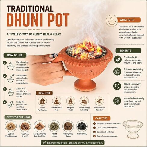 Clay Dhoop Burner/Incense Holder with Handle – Traditional Mitti Loban Dan for Pooja, Hawan & Aromatherapy in Kuwait