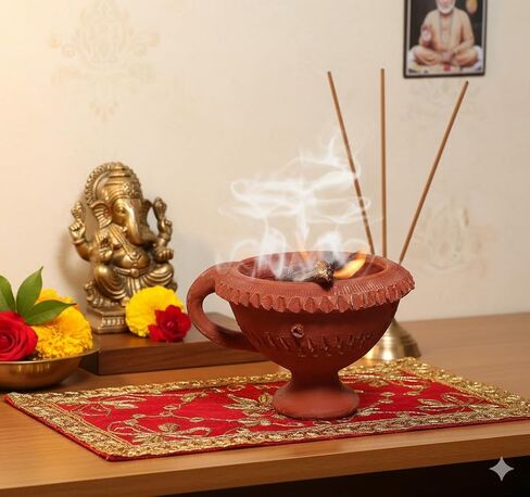 Clay Dhoop Burner/Incense Holder with Handle – Traditional Mitti Loban Dan for Pooja, Hawan & Aromatherapy in Kuwait