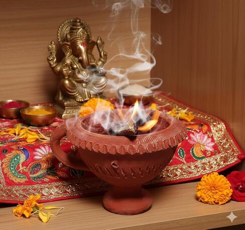 Clay Dhoop Burner/Incense Holder with Handle – Traditional Mitti Loban Dan for Pooja, Hawan & Aromatherapy in Kuwait