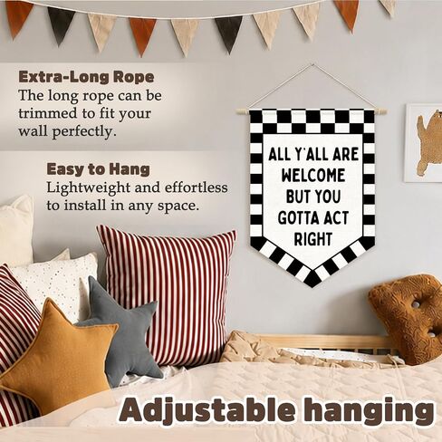 CalmVerve All Y'all Are Welcome But You Gotta Act Right Banner Flags Checkered Classroom Decor，Welcome Hanging Wall Canvas Banner，Classroom Door Decor Playroom Office Decors 15x11inch in Saudi Arabia