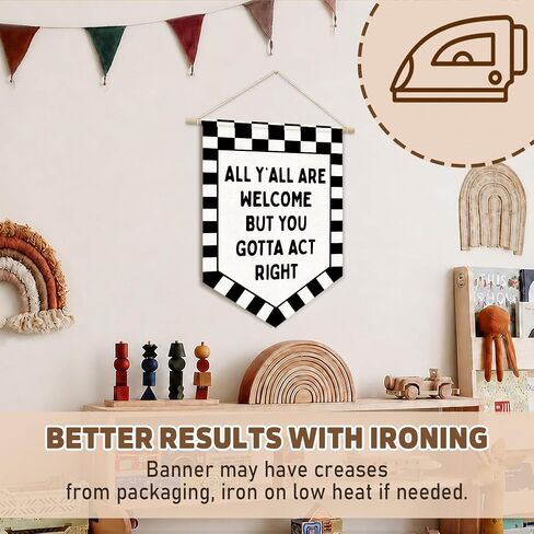 CalmVerve All Y'all Are Welcome But You Gotta Act Right Banner Flags Checkered Classroom Decor，Welcome Hanging Wall Canvas Banner，Classroom Door Decor Playroom Office Decors 15x11inch in Saudi Arabia