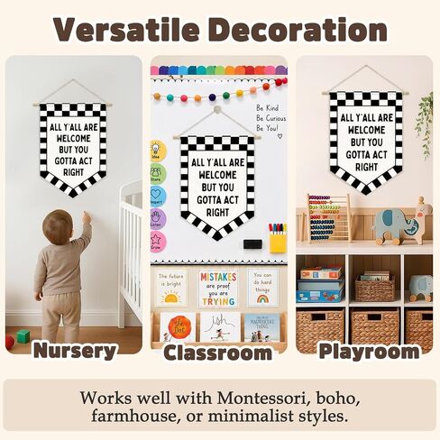 CalmVerve All Y'all Are Welcome But You Gotta Act Right Banner Flags Checkered Classroom Decor，Welcome Hanging Wall Canvas Banner，Classroom Door Decor Playroom Office Decors 15x11inch in Saudi Arabia
