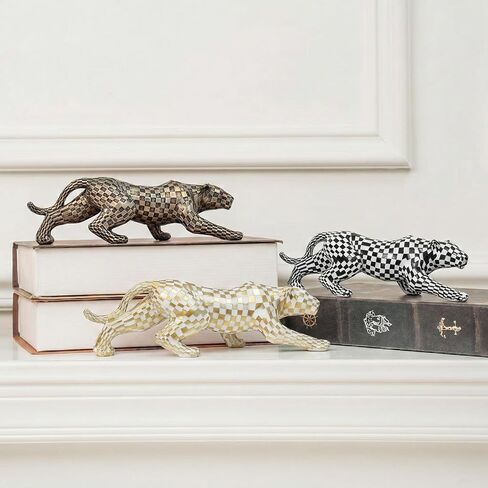 Checkerboard Mosaic Leopard Decor Room Bedroom Desk Home Leopard Decorations Statue Sculptures Aesthetic, Dark Brown Modern Resin Figurine, Minimalist Art Style in Saudi Arabia