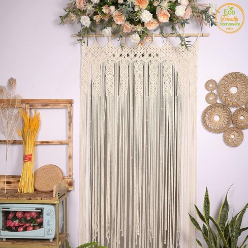 Macrame Curtains for Bedroom Living Room, 100% Cotton Boho Curtain Panel, Handmade Tassel Fringe Curtain for Window Doorway, Light Filtering Bohemian Wall Hanging Decor, 77"L x 35"W, Beige in Saudi Arabia