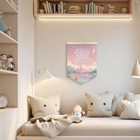 Inspirational Girl Room Banner Wall Decor, Baby Girl Nursery Decor, Pink Christian Mountain Wall Art HangingDecor for Girls Bedroom Home, Girls Nursery Canvas Pennant Banner Products, 12x16in in Kuwait