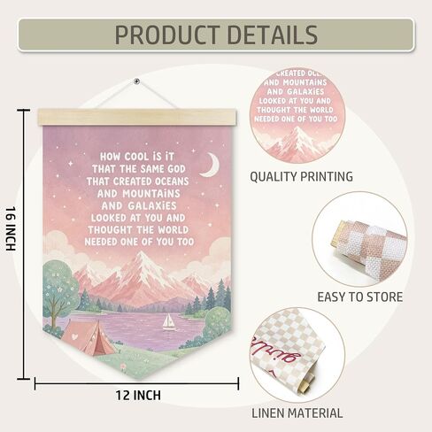 Inspirational Girl Room Banner Wall Decor, Baby Girl Nursery Decor, Pink Christian Mountain Wall Art HangingDecor for Girls Bedroom Home, Girls Nursery Canvas Pennant Banner Products, 12x16in in Kuwait