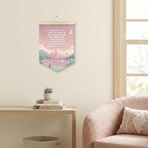 Inspirational Girl Room Banner Wall Decor, Baby Girl Nursery Decor, Pink Christian Mountain Wall Art HangingDecor for Girls Bedroom Home, Girls Nursery Canvas Pennant Banner Products, 12x16in in Kuwait