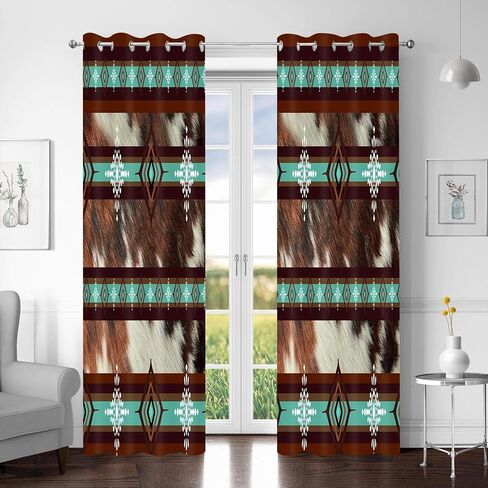 Western Blackout Curtains Cow Print Aztec Southwestern Ethnic Farm Animal Fur Printed Curtain Brown Cowhide Rustic Farmhouse Window Drapes for Bedroom Kitchen Living Room 2 Panels, 42x84in in Saudi Arabia