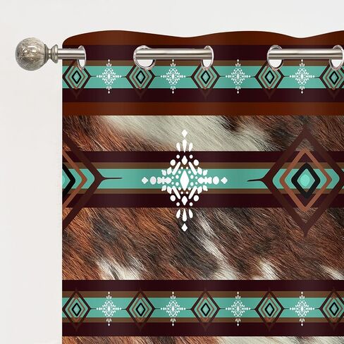 Western Blackout Curtains Cow Print Aztec Southwestern Ethnic Farm Animal Fur Printed Curtain Brown Cowhide Rustic Farmhouse Window Drapes for Bedroom Kitchen Living Room 2 Panels, 42x84in in Saudi Arabia
