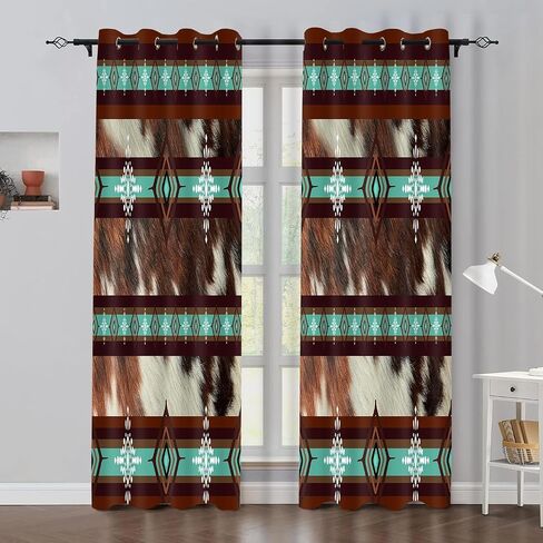 Western Blackout Curtains Cow Print Aztec Southwestern Ethnic Farm Animal Fur Printed Curtain Brown Cowhide Rustic Farmhouse Window Drapes for Bedroom Kitchen Living Room 2 Panels, 42x84in in Saudi Arabia