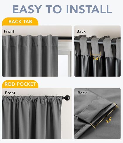 100% Blackout Curtain for Bedroom - 1 Panel Thermal Window Drapes with Rod Pocket and Back Tab Top, Room Darkening Grey Curtains for Living Room Summer Heat Blocking, 52 x 84 inch in Kuwait