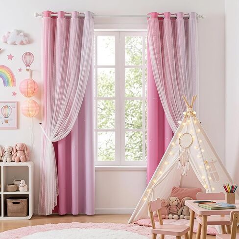 MYSKY HOME Pink Curtains 84 Inches Long Star Cut Out Decor for Girls Bedroom Kids Room Ombre Thermal Insulated Blackout Curtain Grommet for Nursery, W34 x L84 Inches Long, 2 Panels Set in Saudi Arabia