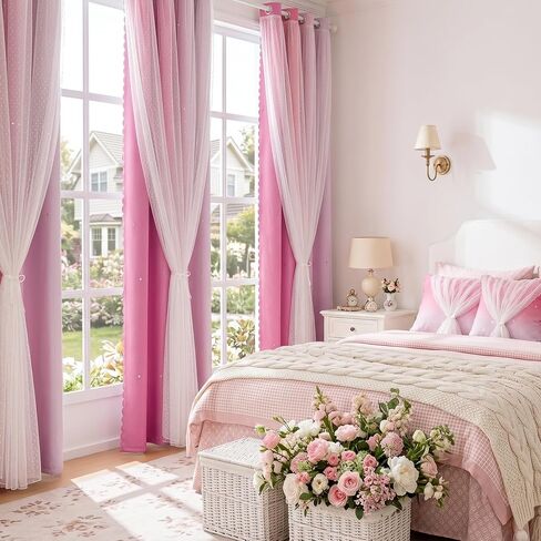 MYSKY HOME Pink Curtains 84 Inches Long Star Cut Out Decor for Girls Bedroom Kids Room Ombre Thermal Insulated Blackout Curtain Grommet for Nursery, W34 x L84 Inches Long, 2 Panels Set in Saudi Arabia