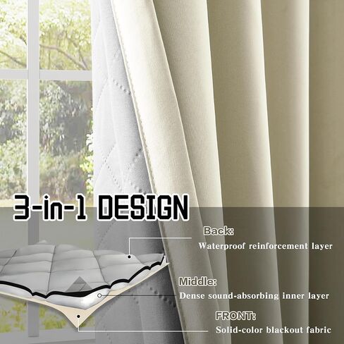 3-in-1 Layers Heavy Duty Noise Canceling Curtains for Bedroom Grommet Full Blackout Window Drapes Thermal Insulation Curtains for Living Room (1 Panel, Beige, 50" x 84") in Saudi Arabia