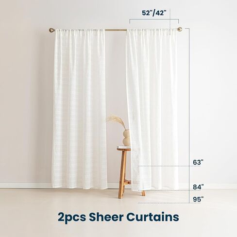 SLEEP ZONE Sheer Curtains 84 inches Long, Farmhouse Linen Blend Semi Sheer Curtains 2 Panels Light Filtering Window Drapes for Living Room Bedroom, 52W × 84L, Beige in Kuwait