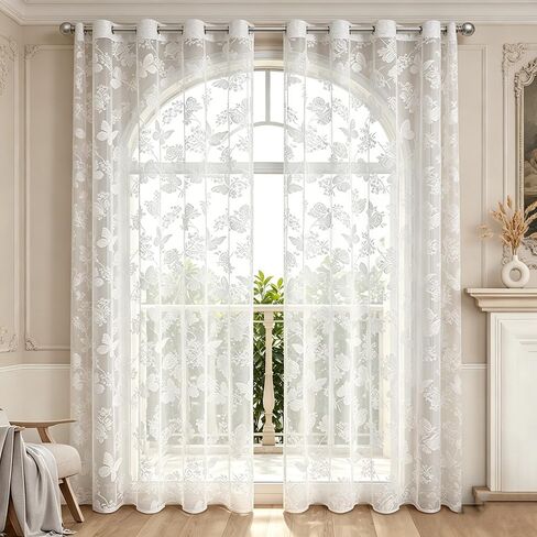 Vintage Floral Butterfly Embroidered White Lace Sheer Window Curtains Elegant Fancy Room Decorations Wedding Voile Valance Tulle Butterfly Sheer Curtains Grommet for Patio Door 1 Panel 52Wx84L in Saudi Arabia