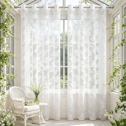 Vintage Floral Butterfly Embroidered White Lace Sheer Window Curtains Elegant Fancy Room Decorations Wedding Voile Valance Tulle Butterfly Sheer Curtains Grommet for Patio Door 1 Panel 52Wx84L in Saudi Arabia