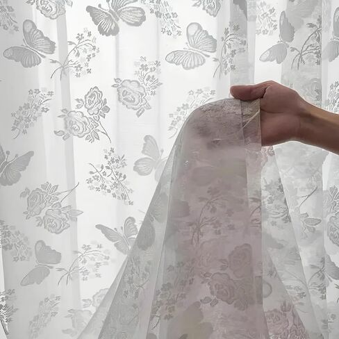 Vintage Floral Butterfly Embroidered White Lace Sheer Window Curtains Elegant Fancy Room Decorations Wedding Voile Valance Tulle Butterfly Sheer Curtains Grommet for Patio Door 1 Panel 52Wx84L in Saudi Arabia