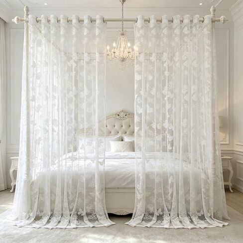 Vintage Floral Butterfly Embroidered White Lace Sheer Window Curtains Elegant Fancy Room Decorations Wedding Voile Valance Tulle Butterfly Sheer Curtains Grommet for Patio Door 1 Panel 52Wx84L in Saudi Arabia