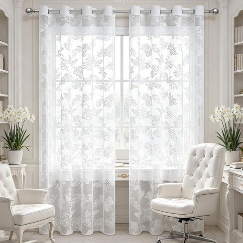Vintage Floral Butterfly Embroidered White Lace Sheer Window Curtains Elegant Fancy Room Decorations Wedding Voile Valance Tulle Butterfly Sheer Curtains Grommet for Patio Door 1 Panel 52Wx84L in Saudi Arabia