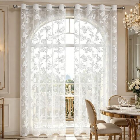 Vintage Floral Butterfly Embroidered White Lace Sheer Window Curtains Elegant Fancy Room Decorations Wedding Voile Valance Tulle Butterfly Sheer Curtains Grommet for Patio Door 1 Panel 52Wx84L in Saudi Arabia