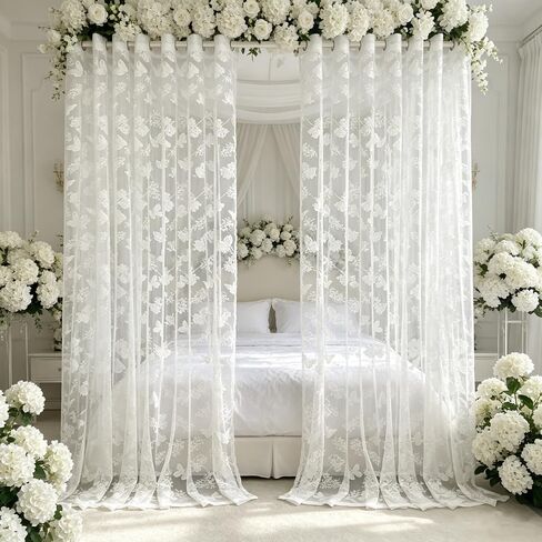 Vintage Floral Butterfly Embroidered White Lace Sheer Window Curtains Elegant Fancy Room Decorations Wedding Voile Valance Tulle Butterfly Sheer Curtains Grommet for Patio Door 1 Panel 52Wx84L in Saudi Arabia