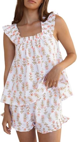 Wyeysyt Summer PJs for Women Set, Womens Floral Pajama Set Trim Cami Top and Shorts 2 Piece Sleepwear Set in Saudi Arabia
