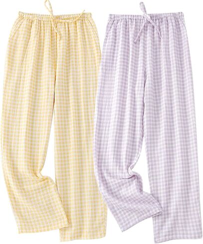 STMAHER 2 Pack Women's Cotton Pajama Bottoms Lightweight Sleep & Lounge Pants Plaid Sleepwear Long Pj Pants in Saudi Arabia