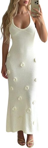 Women's Elegant 3D Floral Halter Maxi Dress Backless Deep V Neck Bodycon Knit Beach Party Dresses in Saudi Arabia