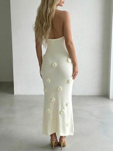 Women's Elegant 3D Floral Halter Maxi Dress Backless Deep V Neck Bodycon Knit Beach Party Dresses in Saudi Arabia