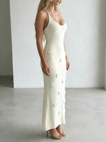 Women's Elegant 3D Floral Halter Maxi Dress Backless Deep V Neck Bodycon Knit Beach Party Dresses in Saudi Arabia