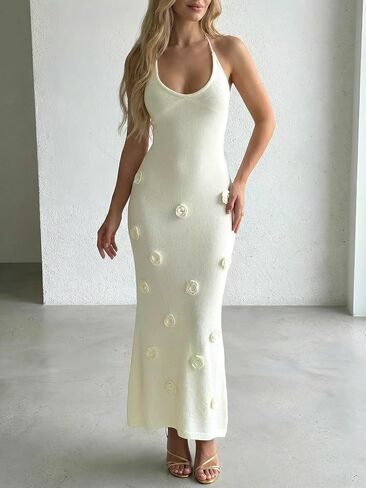 Women's Elegant 3D Floral Halter Maxi Dress Backless Deep V Neck Bodycon Knit Beach Party Dresses in Saudi Arabia