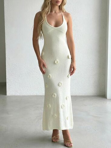Women's Elegant 3D Floral Halter Maxi Dress Backless Deep V Neck Bodycon Knit Beach Party Dresses in Saudi Arabia
