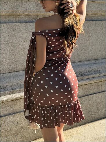 SHENHE Women's Polka Dots One Shoulder Mini Dress Ruched Ruffle Hem Draped Strap Party Dress in Kuwait
